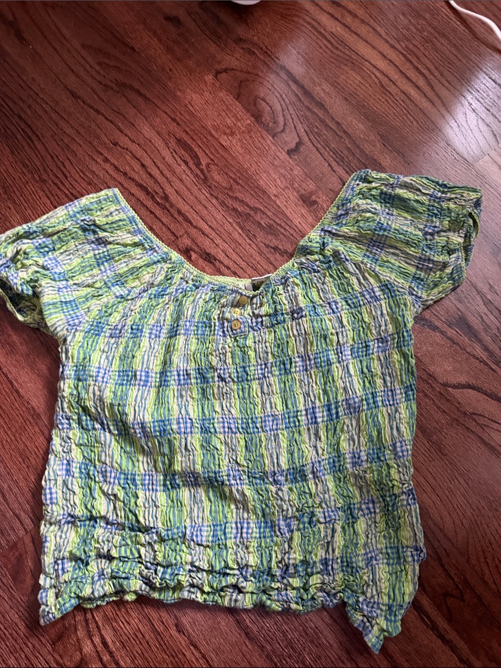 Vintage Green & Blue Plaid Short Sleeve Smocked Top